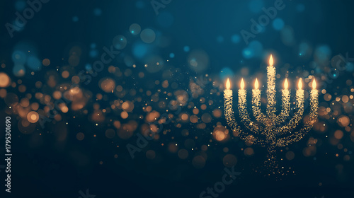glowing hanukkah menorah made of sparkling golden particles on dark festive background, elegant holiday illustration for seasonal greetings, celebration banners and jewish cultural designs