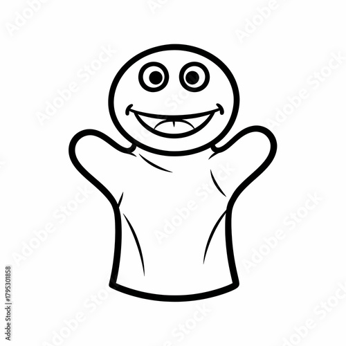 Cartoon puppet character with smiling face and outstretched arms isolated on white  