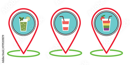 Mojito or Mint Drink Location Pin, Soft Drink or Juice Bar Location Pin and Rainbow Cocktail or Pride Bar Location Pin.