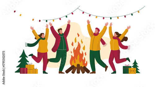 Winter Gathering: A convivial winter scene, friends joyfully gather around a crackling bonfire, embracing the cozy ambiance of the season, illuminated by festive string lights and wrapped presents.