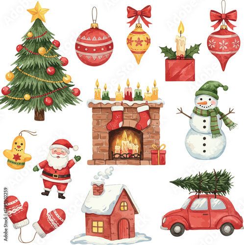 Watercolor christmas and festive winter elements