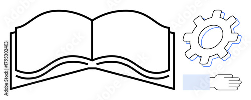 Open book alongside a gear and simplified hand visualizing learning, education, teamwork, innovation, technical skill development, knowledge sharing, and process management. Clean flat metaphor