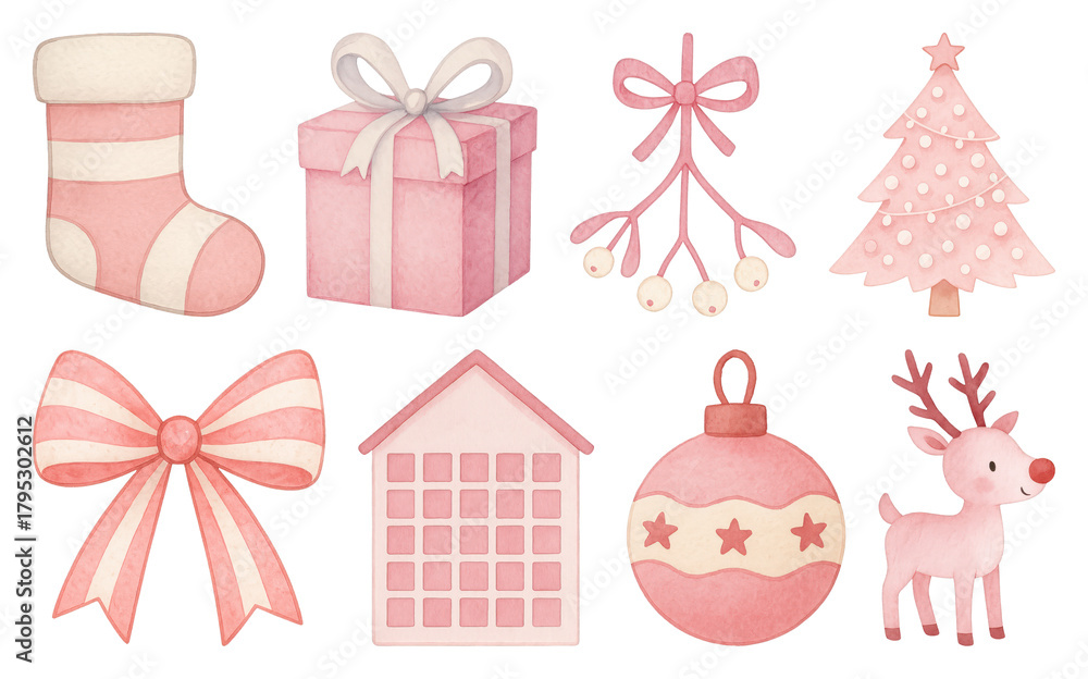 Fototapeta premium PNG Cute pastel Christmas decorations illustration, element set on transparent background