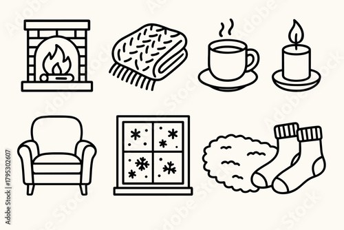 Cozy Winter Icons. Winter Cozy Interiors linear icons: glowing fireplace, knit blanket, steaming mug, soft rug, candlelight, armchair, frosted window, wool socks.