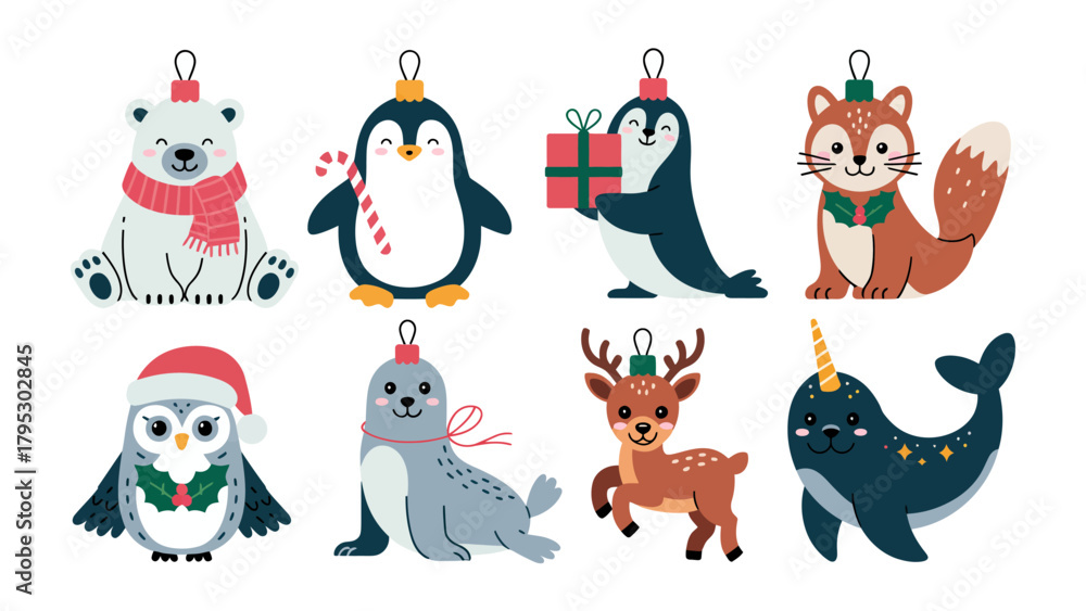 Fototapeta premium Holiday Animal Ornaments: A charming collection of festive animal ornaments, ready to adorn and bring a touch of cheer to the holiday season. The image radiates the spirit of the season