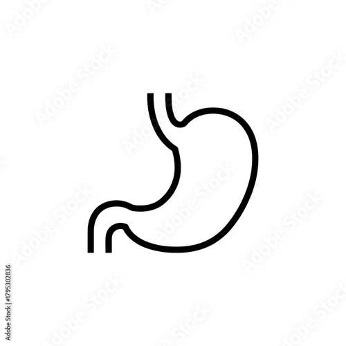 Illustration of a human stomach with visible esophagus and pylorus in simple black and white outline