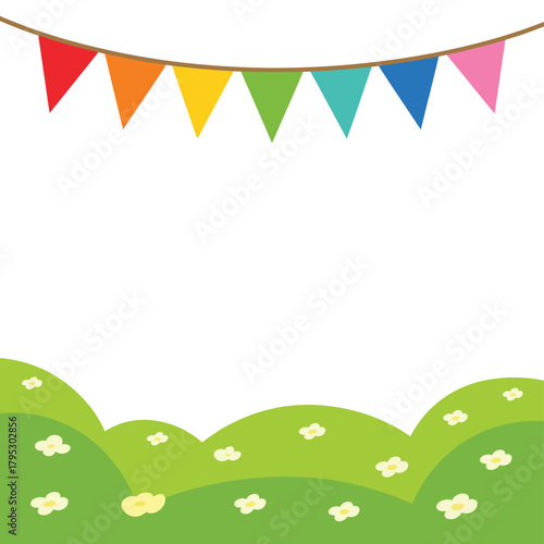 Colorful bunting flags above green rolling hills with flowers