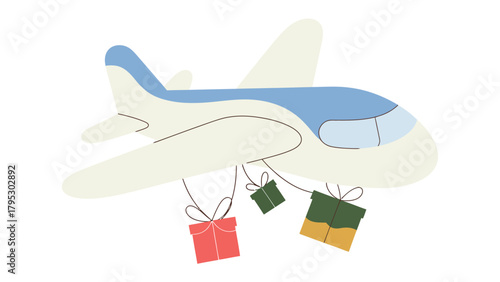 Airplane Delivering Gifts: An aircraft gracefully navigates the sky, laden with brightly wrapped gifts, symbolizing travel, celebration, and generosity.