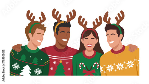 Holiday cheer: A group of friends celebrates the festive season, donning holiday sweaters and reindeer antlers. capturing the pure joy and togetherness of the holidays. 