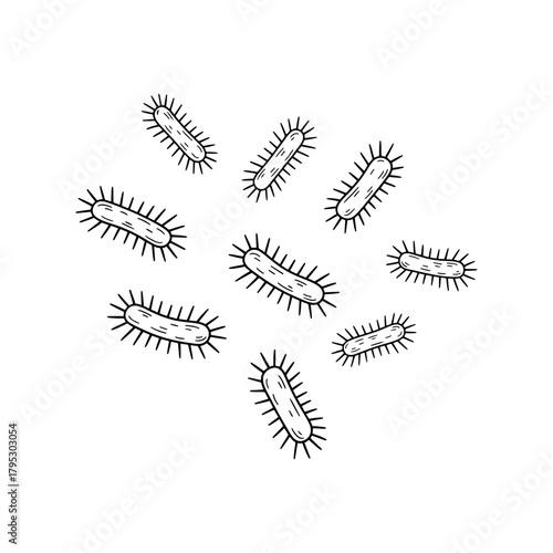 Collection of stylized bacteria cells with flagella in a simple black and white drawing style