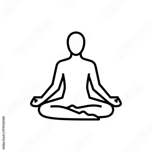 Outline illustration of a person meditating in lotus position with hands resting on knees calmly