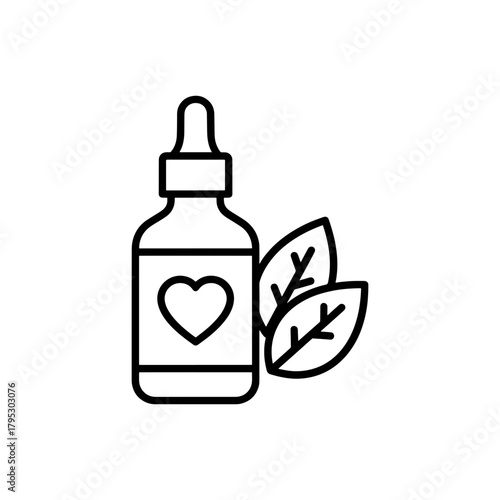Bottle with heart label and dropper alongside two leaves in a minimalist line art style design