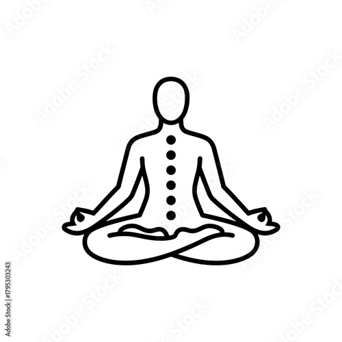 Person meditating in lotus position with dots along spine in a simple line art style illustration