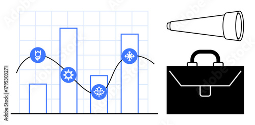 Bar chart with seasonal icons tracking growth, black telescope symbolizing foresight, and briefcase representing business. Ideal for business strategy, analysis, seasons, forecasting, planning
