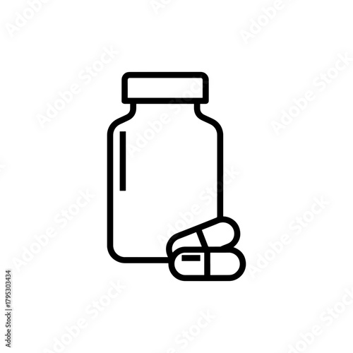 Outline illustration of a medicine bottle with two capsules in front of it in black and white