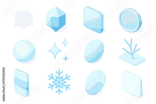 Frosted Icons Collection. Frosted Details flat icons: snow dust, ice crystal, frosty glass, silver accent, soft light, sparkle edge, shimmer, branch shadow, cold hue, snowflake.