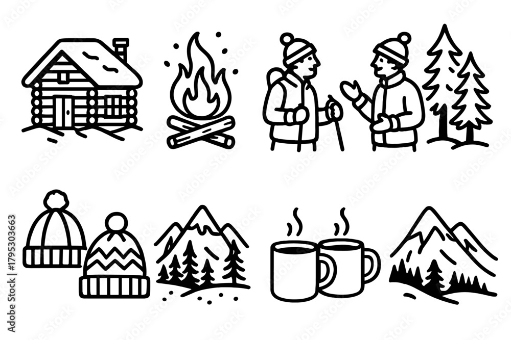Fototapeta premium Rustic Winter Gathering. Mountain Winter Gathering linear icons: rustic cabin, bonfire sparks, skiers chatting, pine forest, winter hats, glowing windows, mugs of cocoa, snowy.