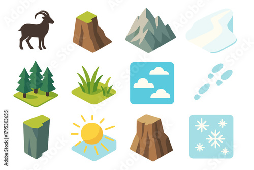 Highland Wilderness Icons. Highland Wildlife Icons flat icons: goat silhouette, steep cliff, rocky mountain, snow trail, pine forest, grass tufts, bright sky, footprints, stone.
