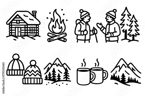 Rustic Winter Gathering. Mountain Winter Gathering linear icons: rustic cabin, bonfire sparks, skiers chatting, pine forest, winter hats, glowing windows, mugs of cocoa, snowy.