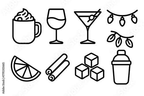 Holiday Drink Icons. Holiday Drink Bar linear icons: hot chocolate cup, wine glass, martini, citrus wedge, cinnamon garnish, ice cubes, shaker bottle, festive lights.