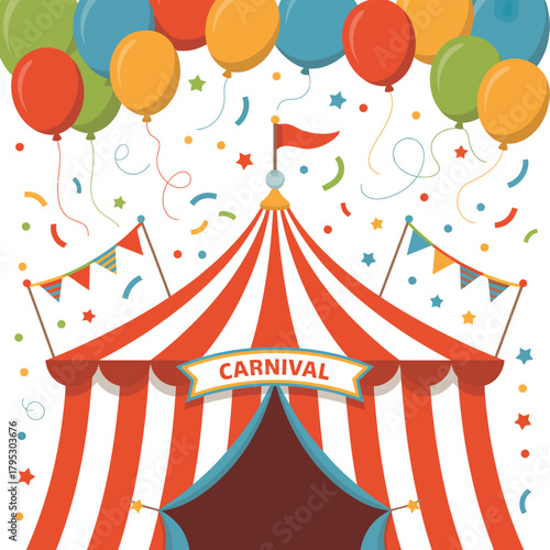 Festive carnival tent with balloons and confetti celebration