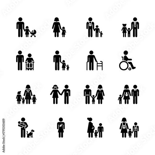 Illustration of various family structures and relationships represented as black stick figure icons