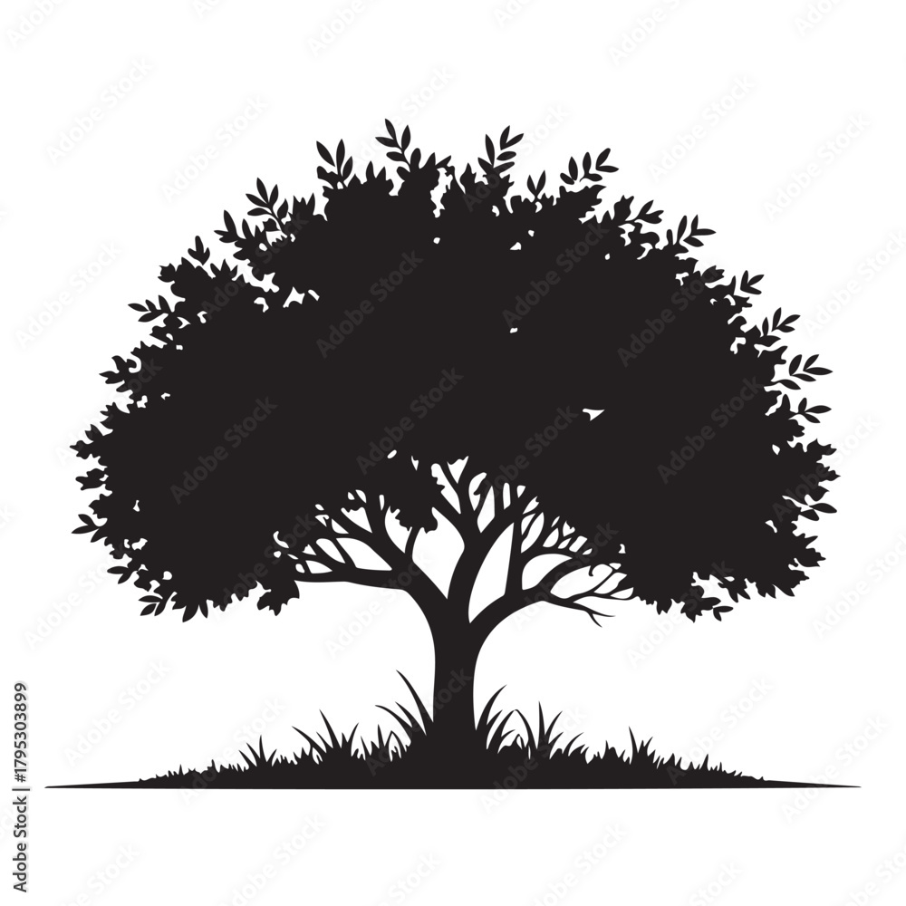 Fototapeta premium A majestic oak tree stands proudly, isolated on white background, its branches reaching towards the sky, a symbol of strength