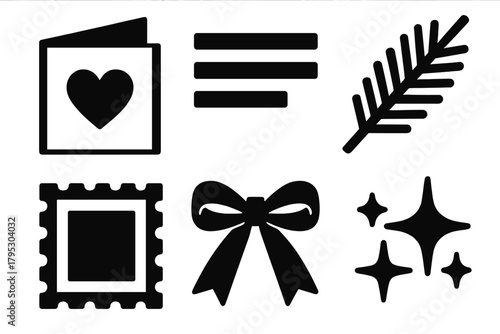 Brutalist Seasonal Icons. Seasonal Greetings silhouette icons set: open card, message lines, sprig of pine, stamp, ribbon, sparkle dust.