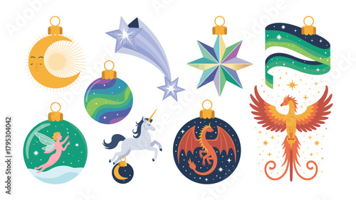 Celestial Ornaments of Wonder: A captivating illustration showcases a collection of magical ornaments, each adorned with mystical elements like a crescent moon, shooting star.