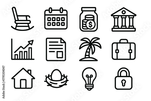 Retirement Planning Icons. Retirement Planning linear icons: rocking chair, calendar, coin jar, bank, chart arrow, document, palm tree, suitcase, home, nest egg, light bulb, secure.