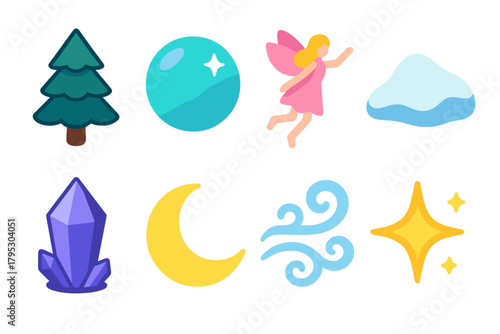 Enchanted Forest Icons. Enchanted Forest flat icons: pine tree, glowing orb, fairy, snow drift, crystal, moon, frost mist, sparkle.