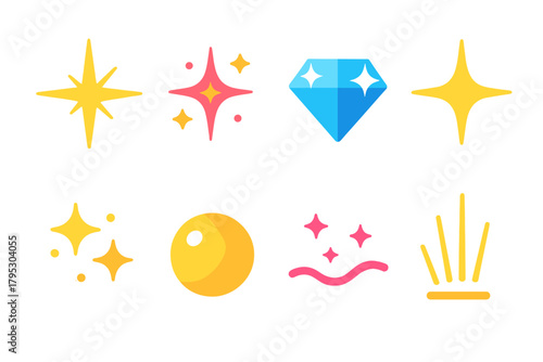 Vibrant Icon Set. Dazzle Set in modern flat vector in minimalistic vibrant color design: radiant star, glitter burst, shining diamond, light flare, sparkle dust, glowing orb.