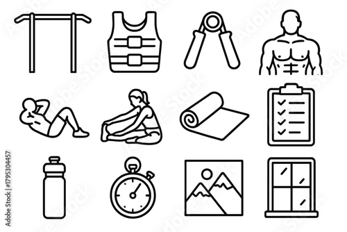 Strength Icons Display. Strength and Endurance linear icons: pullup bar, weighted vest, grip trainer, core workout, stretching mat, training plan, water bottle, stopwatch, mountain.