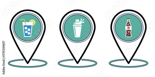 Juice or Refreshment Location Pin, Juice or Refreshment Location Pin, and Juice or Refreshment Location Pin.