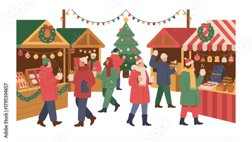 Holiday Market Scene: Festive shoppers and bustling stalls evoke the magic of the season, creating a vivid tableau of holiday cheer.