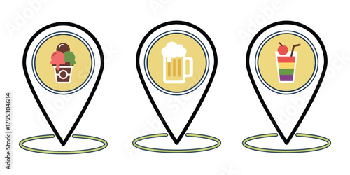 Ice Cream Shop Location Pin, Bar or Pub Location Pin and Cocktail Bar Location Pin.
