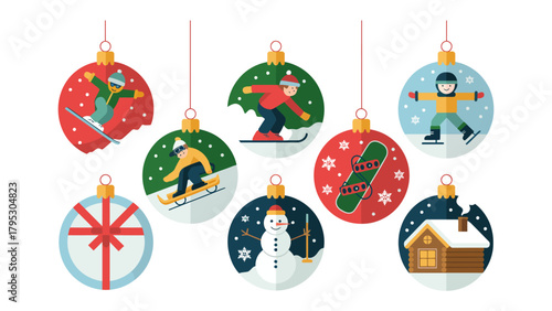 Festive Ornaments of Winter Sports: A set of eight colorful ornaments, each depicting a different winter sport, brings the excitement of the season. Featuring skiing, snowboarding, ice skating.