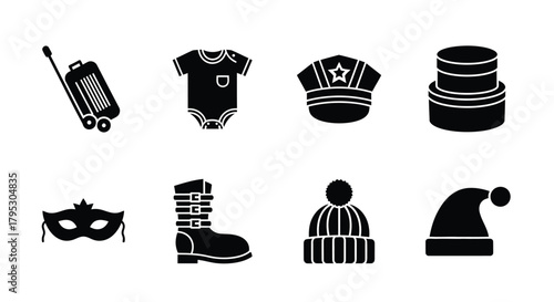 Collection of black silhouette icon set for travel and wear