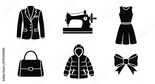Set of black fashion and sewing icon glyphs isolated on