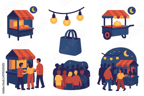 Vibrant Night Market Icons. Night Market Vibes flat icons: outdoor stalls, hanging lights, people browsing, food cart, shopping tote, warm glow, festive crowd, moon above.