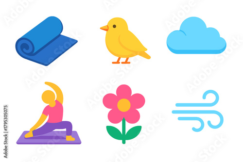 Outdoor Balance Icons. Outdoor Balance Practice flat icons: yoga mat, bird, cloud, person stretching, flower, breeze.