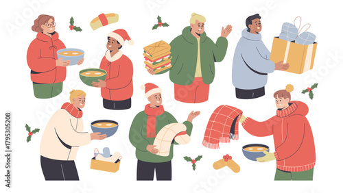 Holiday Preparations: A heartwarming illustration shows individuals engaging in various acts of service. Capturing the spirit of generosity, this artwork is ideal for promoting social responsibility.