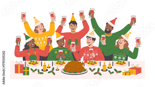 Festive toast: A joyous gathering of friends and family celebrating the holiday season with a festive toast, surrounded by gifts, food and happiness. 