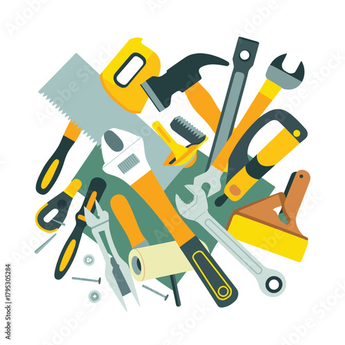 Collection of assorted construction and diy tools arranged in a pile