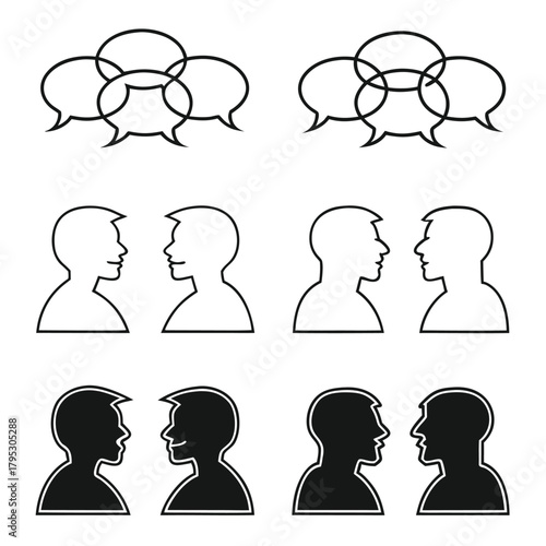 Illustration showing people talking with speech bubbles in black and white communication concept graphic