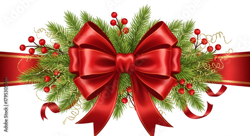 Elegant red bow with festive pine branches and berries for holiday decor