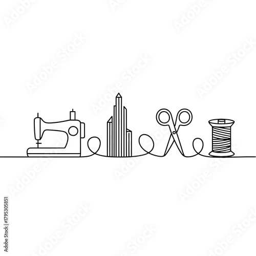 Continuous line drawing of sewing machine scissors spool and cityscape