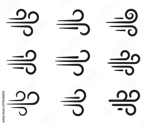 Wind Symbols Illustration: A collection of stylized wind symbols, swirling lines and directional indicators, capturing the essence of movement and atmospheric force.