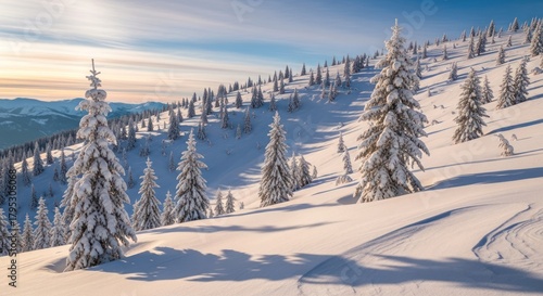 Wallpaper Mural Winter landscape with snow-covered trees on a hillside against a blue sky perfect for backgrounds Torontodigital.ca