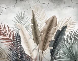 Fototapete Vintage botanische Landschaft Gemalte Palmenblätter auf verwittertem Putz  © PixArt